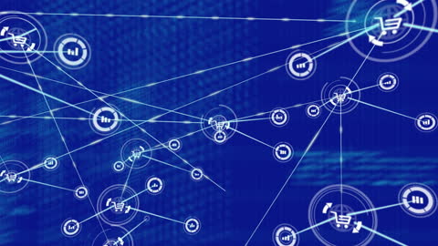 Abstract Digital Network with Shopping Icons on Blue Background