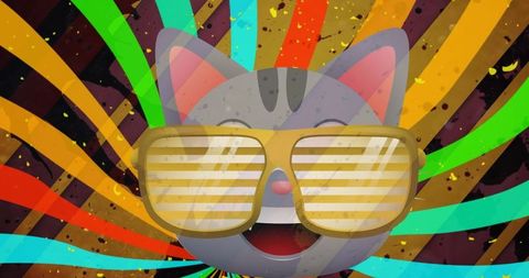 Whimsical cartoon cat with oversized sunglasses and colorful abstract rays