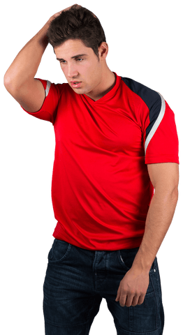 Transparent Background; Disappointed Football Fan in Red Shirt Expresses Frustration