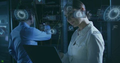 Engineer Analyzing Data with Holographic Interface in High-Tech Server Room