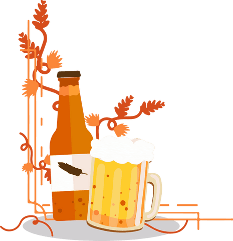 Transparent beer bottle and frothy mug with hops