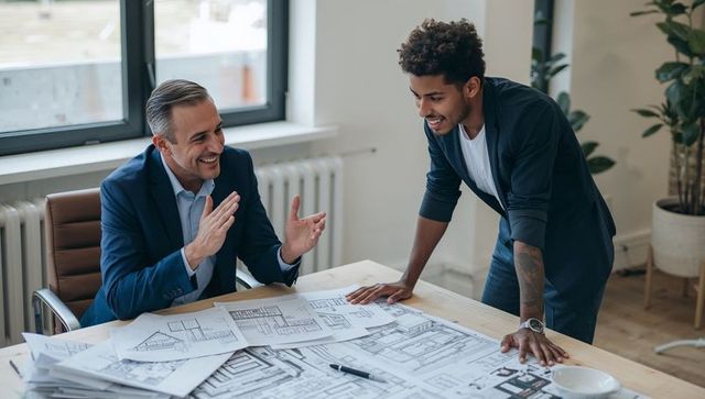 Architect and designer discussing blueprints during collaborative office meeting