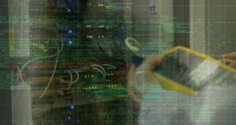 Data Processing Animation Blending with Server Room Technician