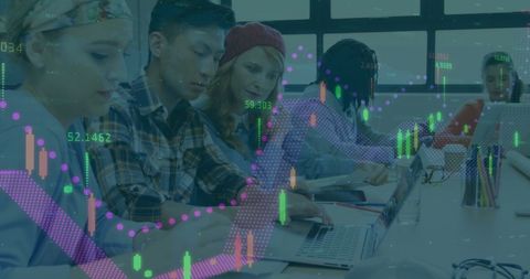 Diverse Students Analyzing Financial Data in Modern Classroom