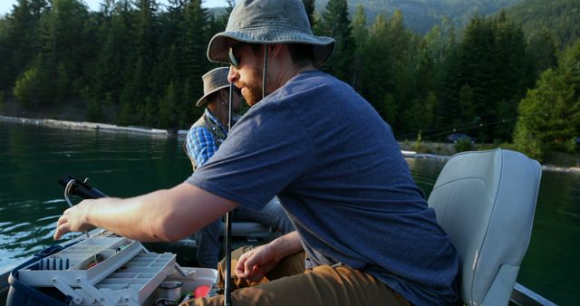 Men Fishing on Lake in Mountainous Forest in Late Afternoon - Download Free Stock Images Pikwizard.com