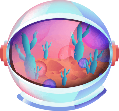 Space Helmet Visor Revealing Surreal Teal Cacti on Transparent Background