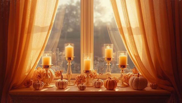 Cozy window sill with candles and decorative pumpkins