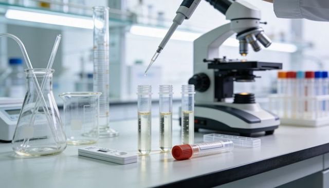 Gloved technician pipetting into test tubes beside microscope for diagnostic lab analysis
