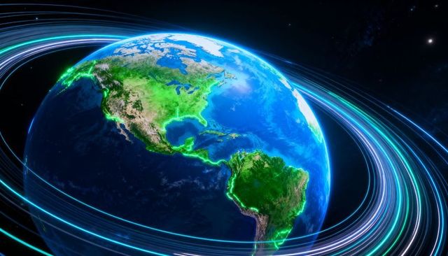 Rotating earth western hemisphere with neon glowing coastlines and orbital light trails