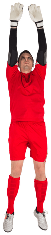Transparent image of soccer goalie jumping in red kit for ball