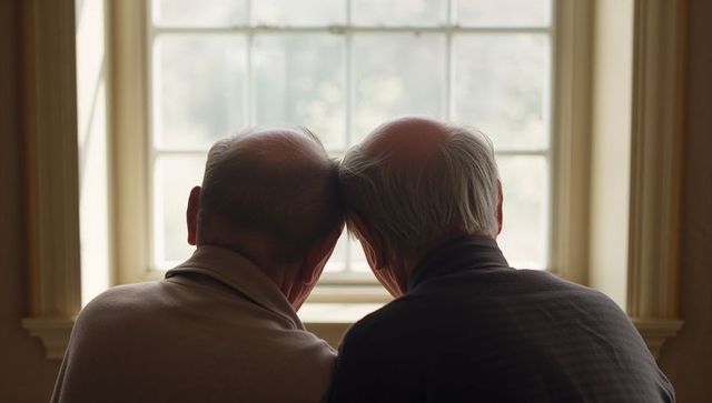 Two senior men leaning heads together by sunlit window, tender companionship and comfort