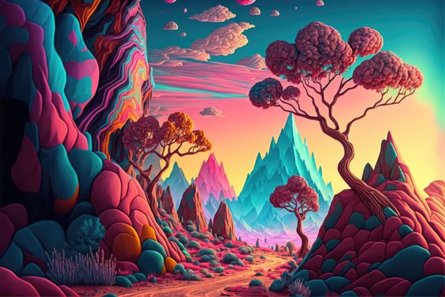 Surreal fantasy landscape depicting vibrant colored trees, rocks, and mountains against a colorful sky with whimsical clouds. Ideal for use in digital art projects, creative backgrounds, fantasy illustrations, book covers, and inspirational artwork.
