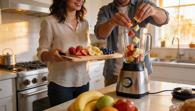 Couple preparing fresh fruit smoothie together in sunlit modern marble kitchen