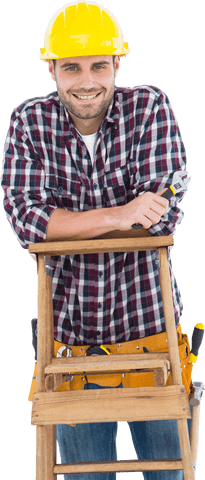 Transparent Repairman Smiling While Standing on Ladder