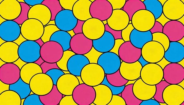 Vibrant cmy overlapping circle pattern with bold black outlines for modern pop design