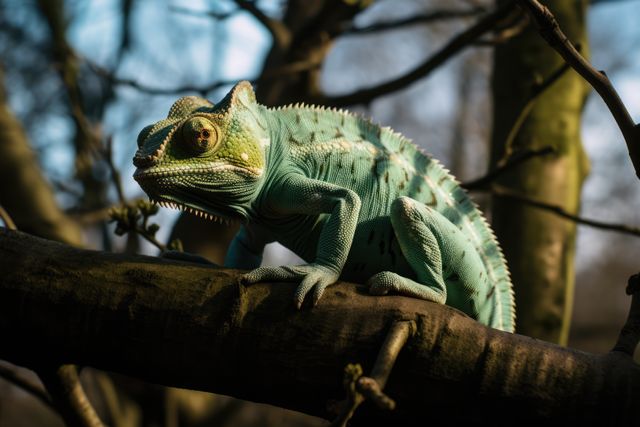 Green Chameleon Perched on Tree Branch in Natural Habitat - Download Free Stock Images Pikwizard.com