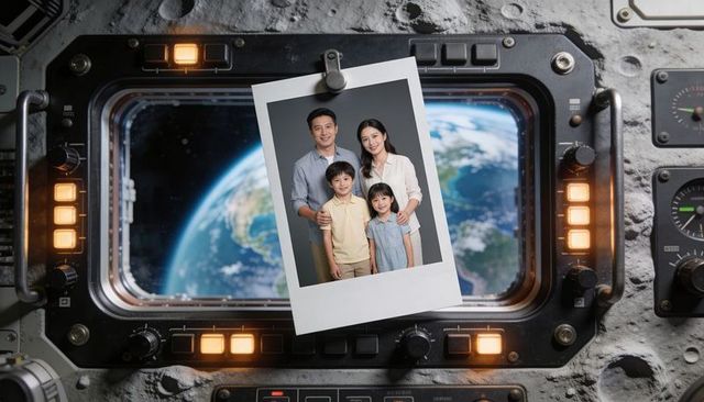 Polaroid family clipped to spacecraft porthole overlooking earth, nostalgic orbit memory