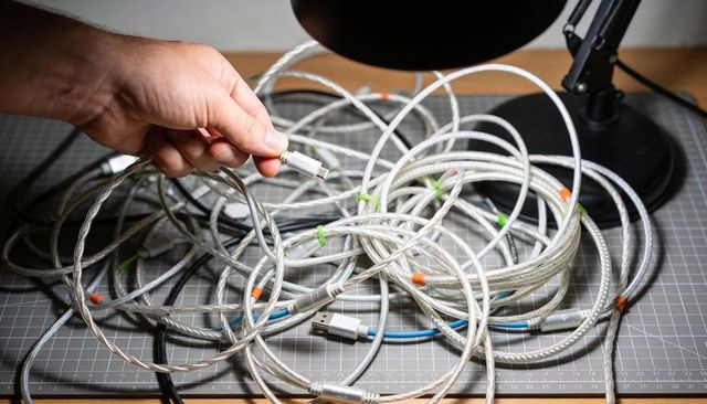 Hand holding usb connector over tangled braided clear charging cables on workbench