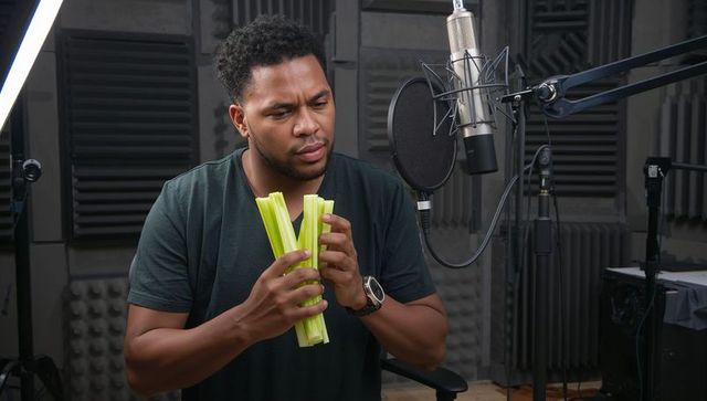 Recording talent holding celery stalks in acoustic booth testing microphone sounds