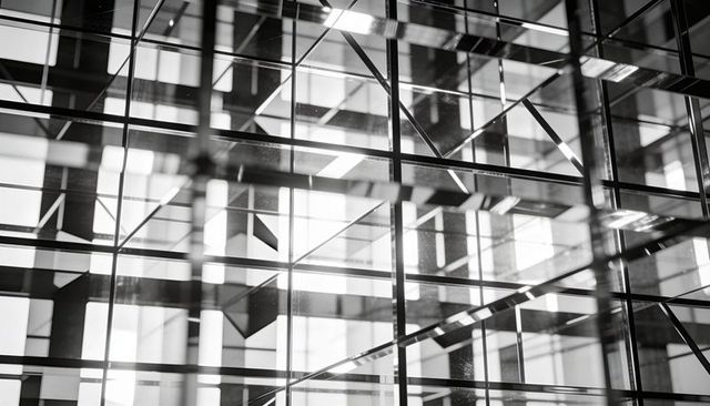 Creating geometric reflections with glass grid and steel lattice in monochrome