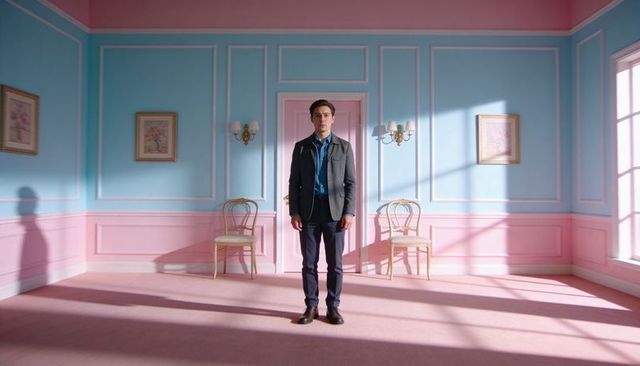 Young man standing in pastel pink and blue room with sunlit window and symmetrical decor