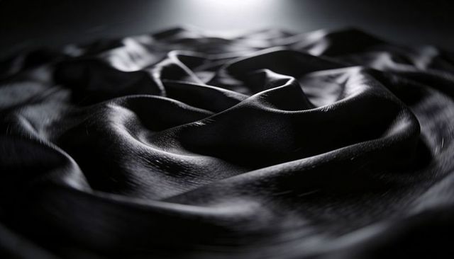 Glossy black fabric folds with dramatic highlights and leatherlike sheen
