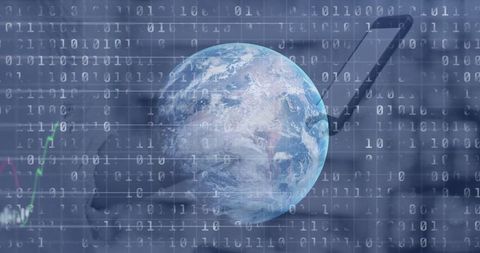 Digitally connected world with earth and code overlay