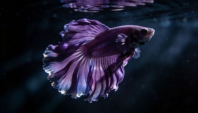 Iridescent purple betta fish swimming with flowing fins and ethereal light rays