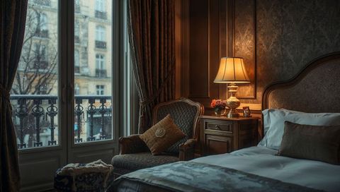 Rainy parisian boutique hotel bedroom glowing lamp beside elegant armchair and plush bed