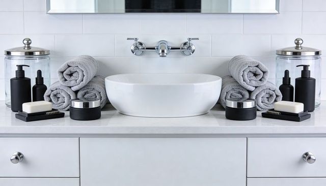 Modern white vessel sink with chrome faucet and rolled gray towels on minimalist vanity