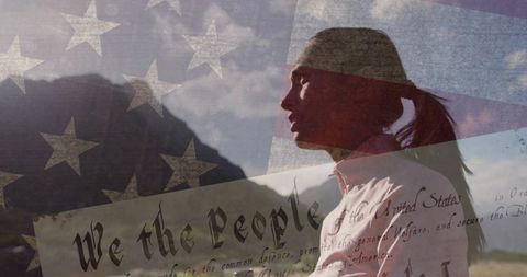 Patriotic Woman Reflecting in Scenic Mountains