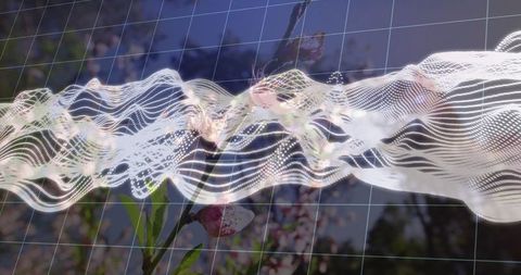 Futuristic data wave across flowering orchard