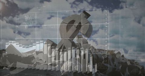Giant Currency Symbols on Rocky Terrain with Financial Charts Overlay