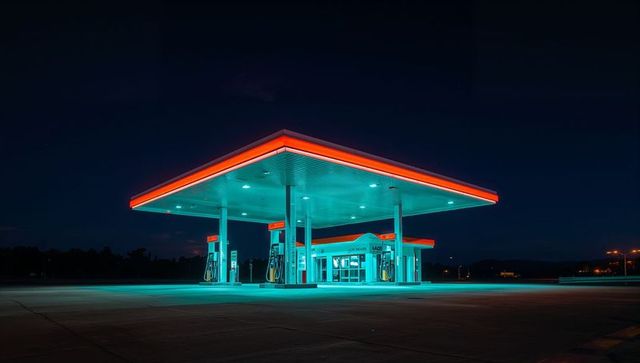 Neon lit gas station canopy casting cyan teal glow over empty forecourt at night