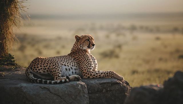 Majestic Cheetah Relaxing on Sunlit Rock During Golden Hour
