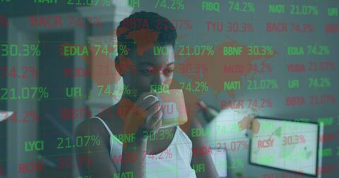 Businesswoman Analyzing Global Financial Markets with Coffee