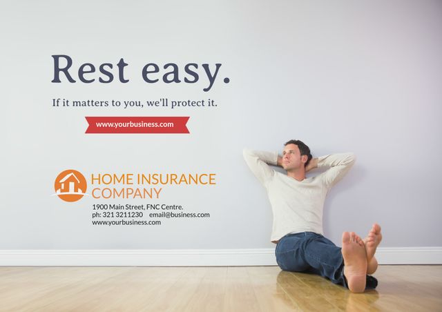 Man sitting on clean, wooden floor with arms behind head, leaned back, sharing the peace, security, and comfort offered by effective home insurance coverage. Great for promoting home insurance companies, security and protection assurance in advertisement.
