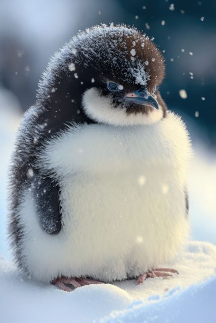 Cute baby penguin standing on snowy ground with snowflakes resting on its fluffy feathers. Ideal for use in winter-themed designs, wildlife projects, children's books, educational materials, and holiday cards, conveying cold season, innocence, wildlife admiration and nature's beauty.