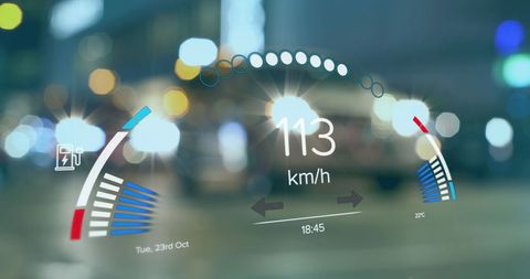 Digital Electric Car Speedometer Overlay on City Street - Download Free Stock Images Pikwizard.com