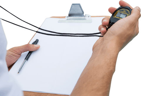 Trainer holding stopwatch and clipboard with blank page
