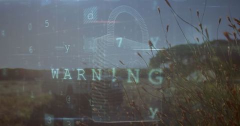 Cybersecurity Concept with Padlock and Warning Overlay on Natural Landscape