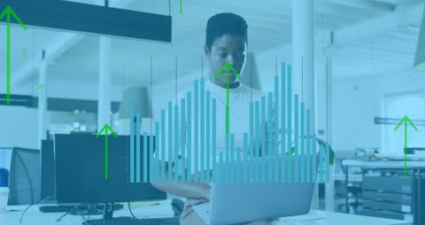 Businesswoman Analyzing Financial Data with Virtual Graphs in Modern Office