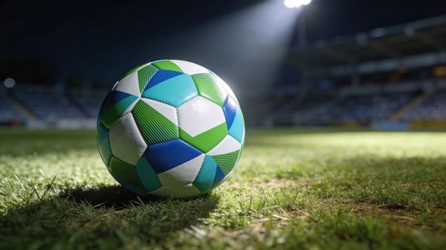Sitting teal and blue soccer ball on night stadium pitch under dramatic floodlights