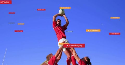 Rugby lineout lift catching ball under clear blue sky teammates lifting jumper for try