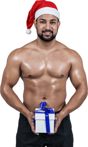Muscular Man Wearing Santa Hat Holding White Gift in Transparent Background