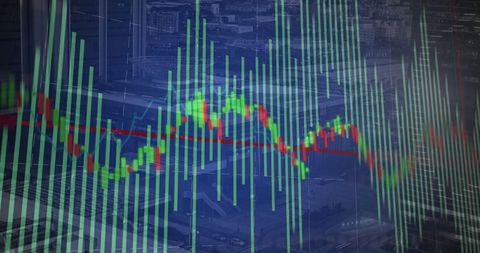 Dynamic financial chart with red trend line against urban backdrop