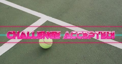 Retro neon challenge accepted overlay with tennis ball sitting on court lines