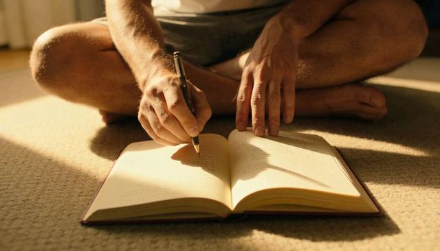 Man writing journal while sitting cross-legged on sunlit carpet, cozy morning journaling