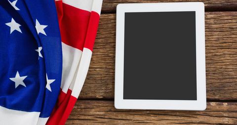 American Flag with Blank Tablet on Rustic Wooden Background - Download Free Stock Images Pikwizard.com