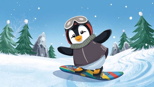 Playful Penguin Snowboarding on Snowy Slope Wearing Goggles and Jacket on Colorful Board